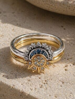 Sun Moon 925 Sterling Silver Cubic Zirconia Ring Set Size 9 Dainty Celestial